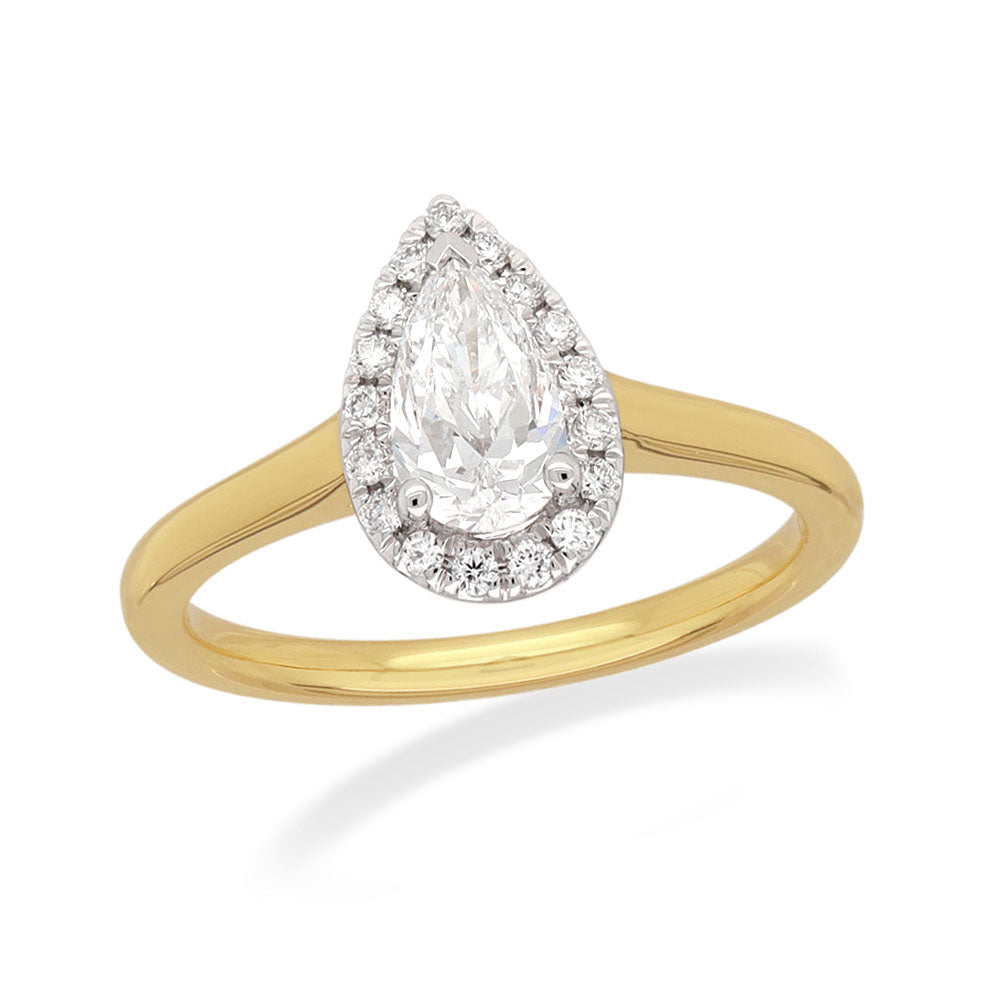 18 Carat Yellow & White Gold Pear Halo Ring, 0.70 carat centre.