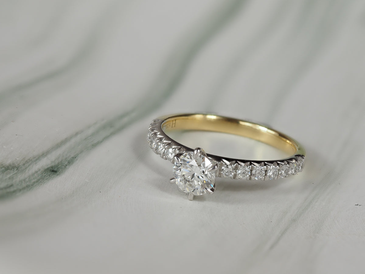 18ct Yellow and White Gold Round Brillant Cut Diamond Engagement Ring, 0.70ct Centre