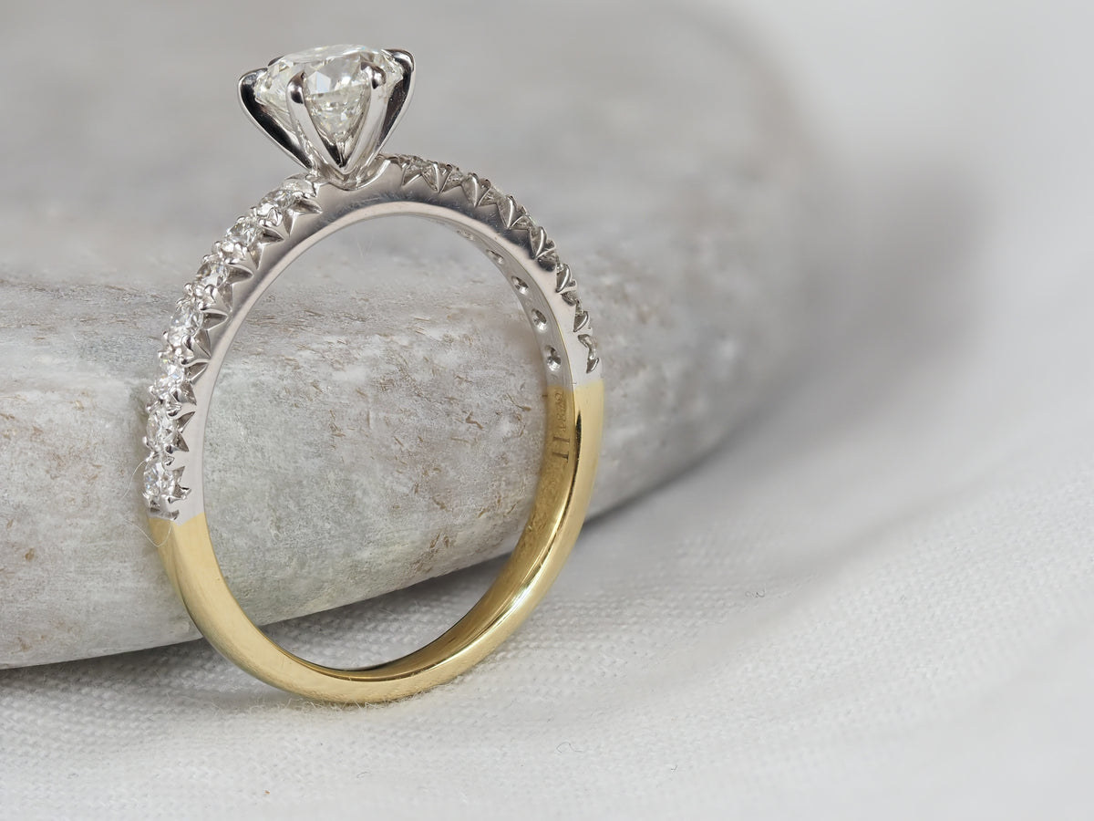 18ct Yellow and White Gold Round Brillant Cut Diamond Engagement Ring, 0.70ct Centre