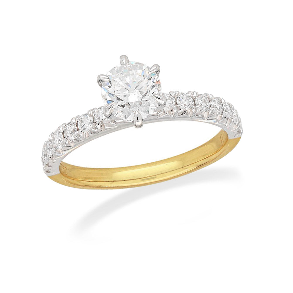 18ct Yellow and White gold, Round Brillant cut Natural Diamond Engagement ring, 0.70 carat centre