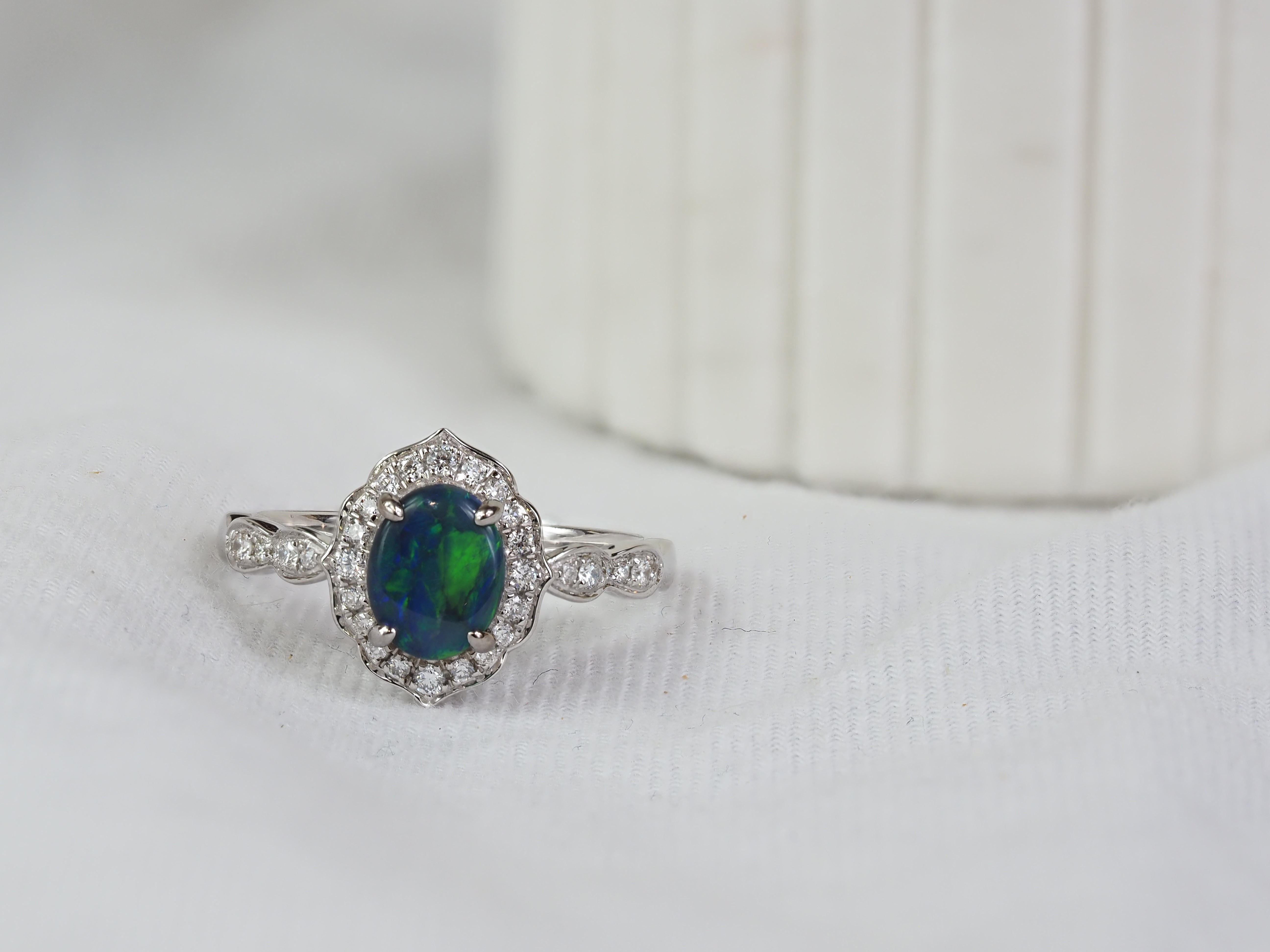 18ct White Gold Black Opal and Diamond Ring