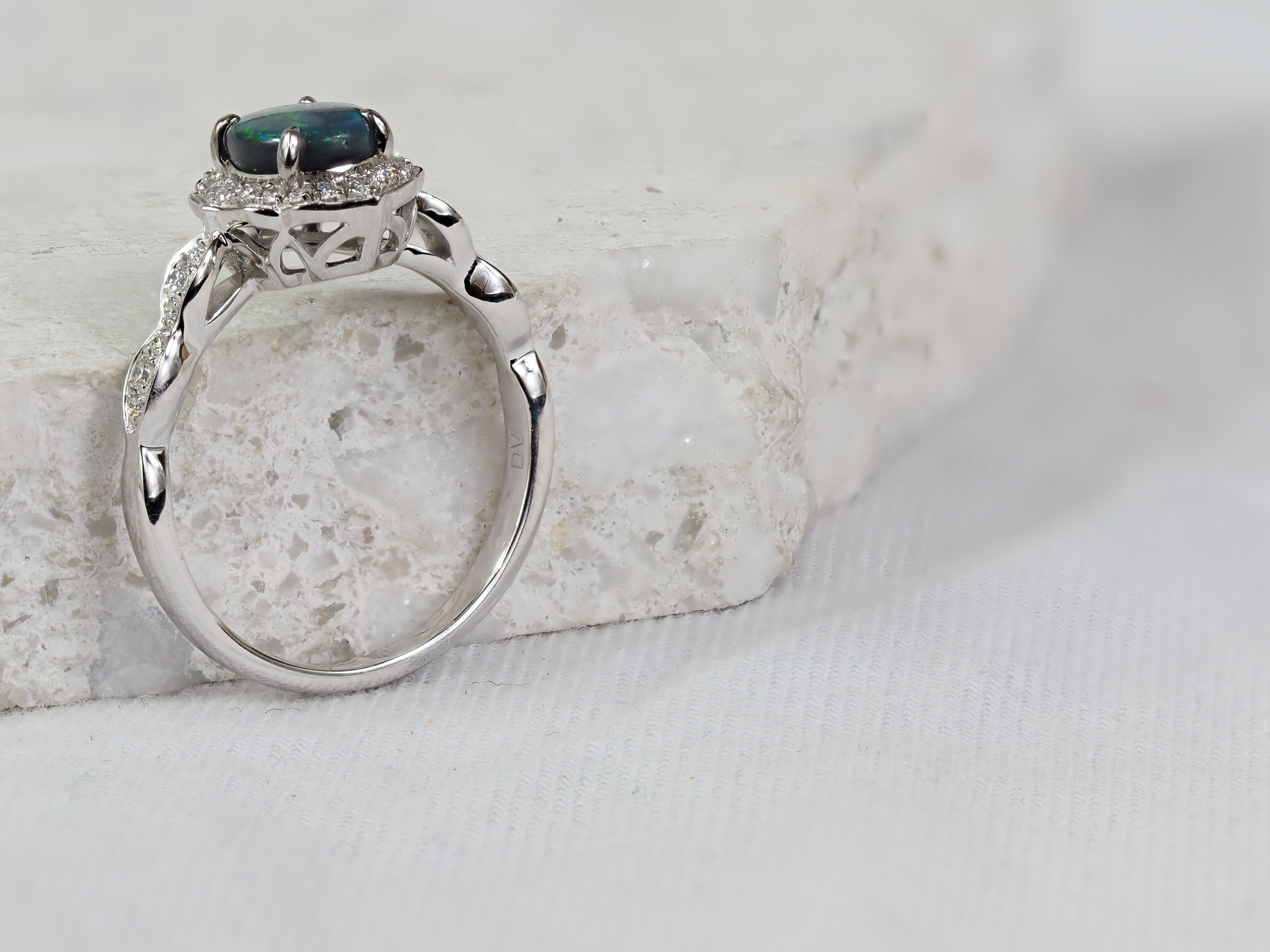 18ct White Gold Black Opal and Diamond Ring