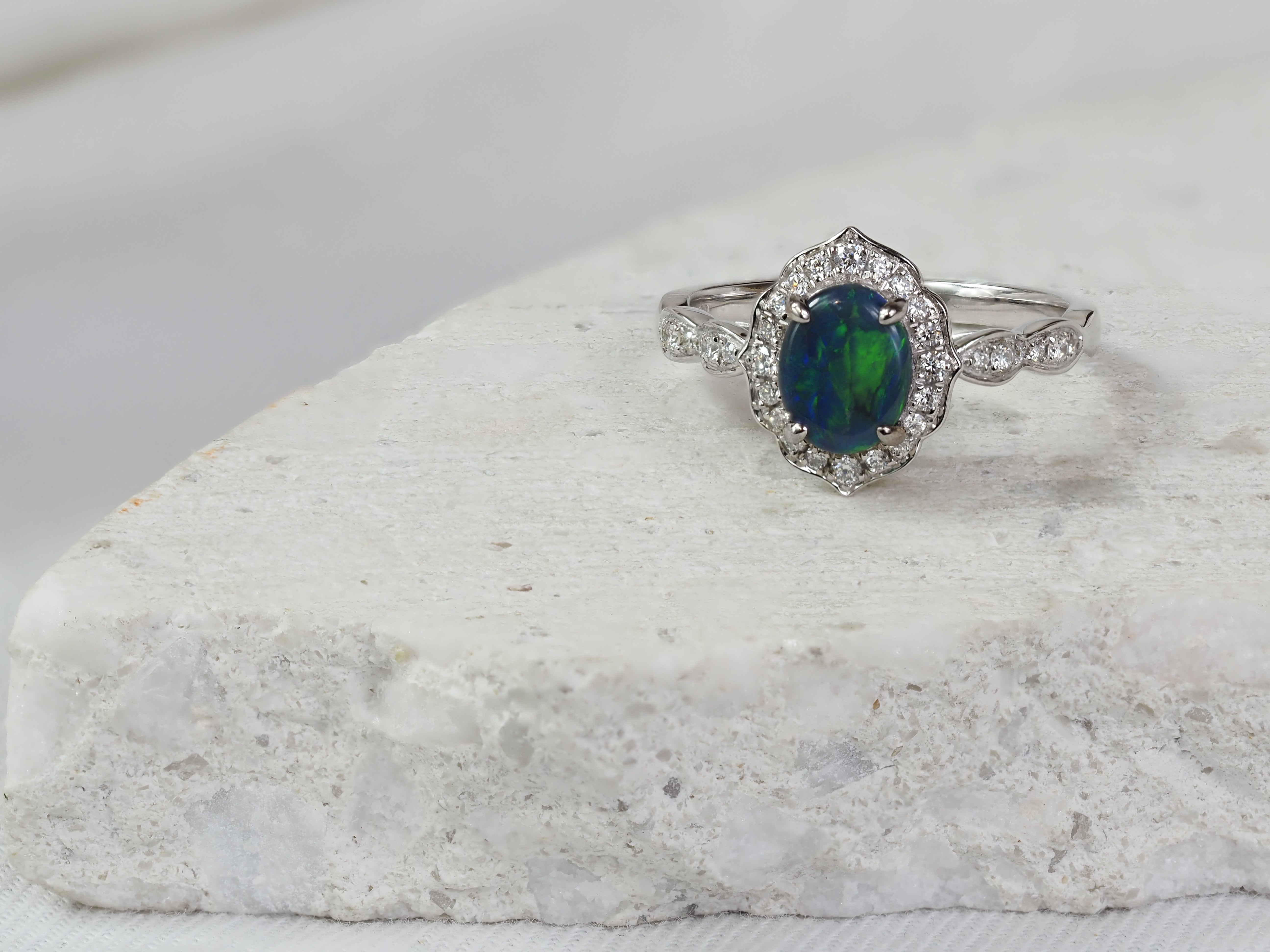 18ct White Gold Black Opal and Diamond Ring