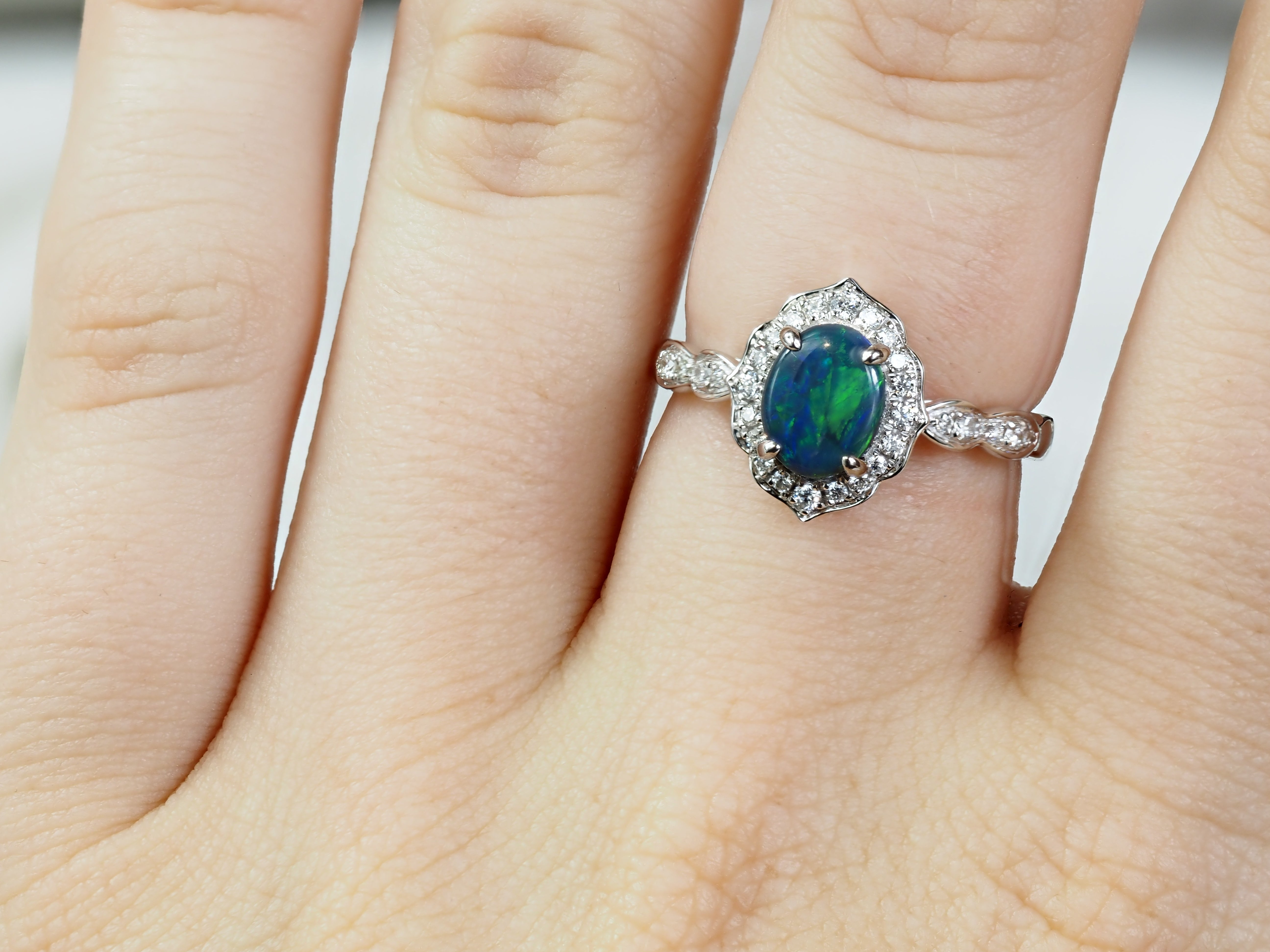 18ct White Gold Black Opal and Diamond Ring