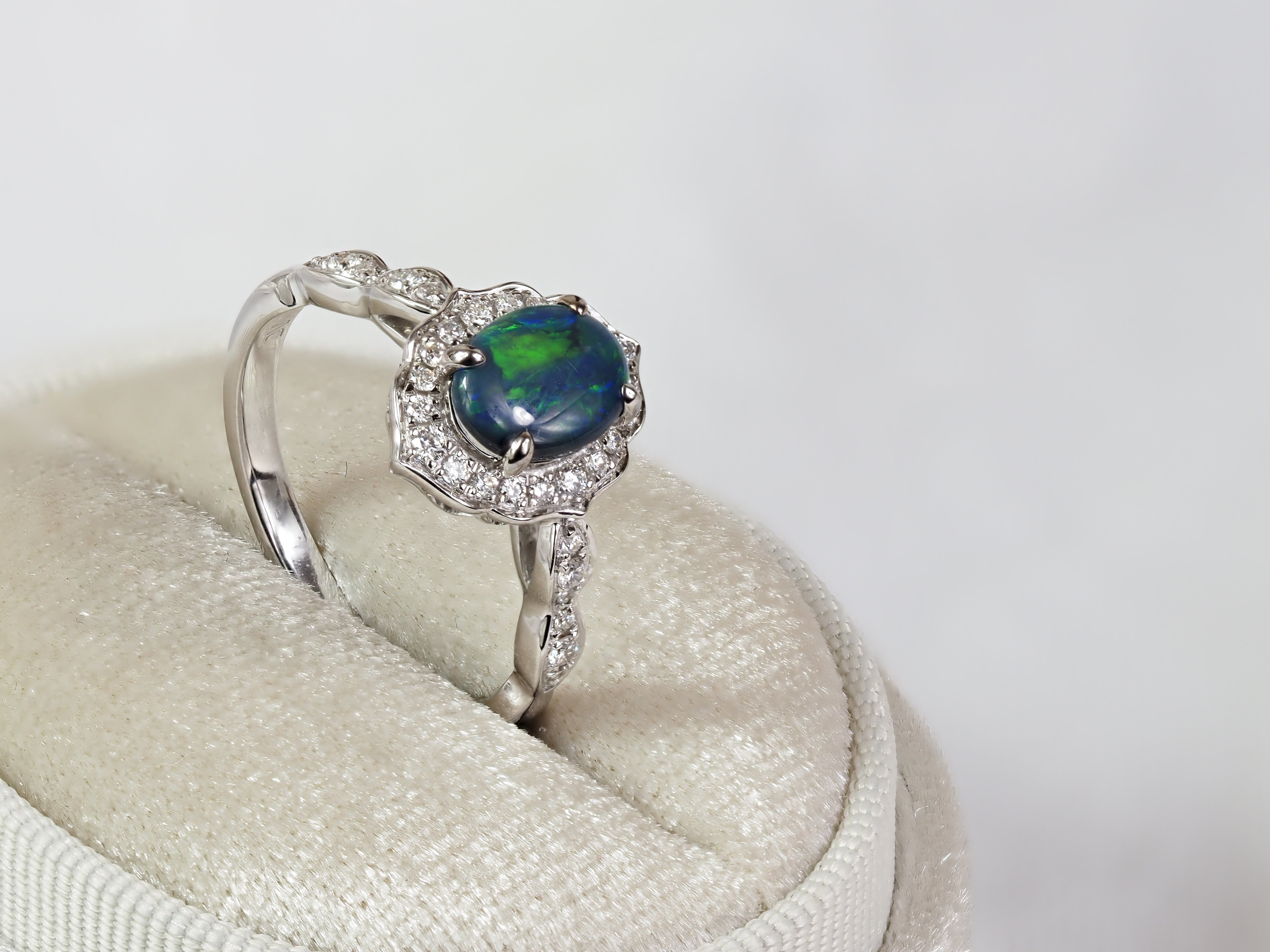 18ct White Gold Black Opal and Diamond Ring