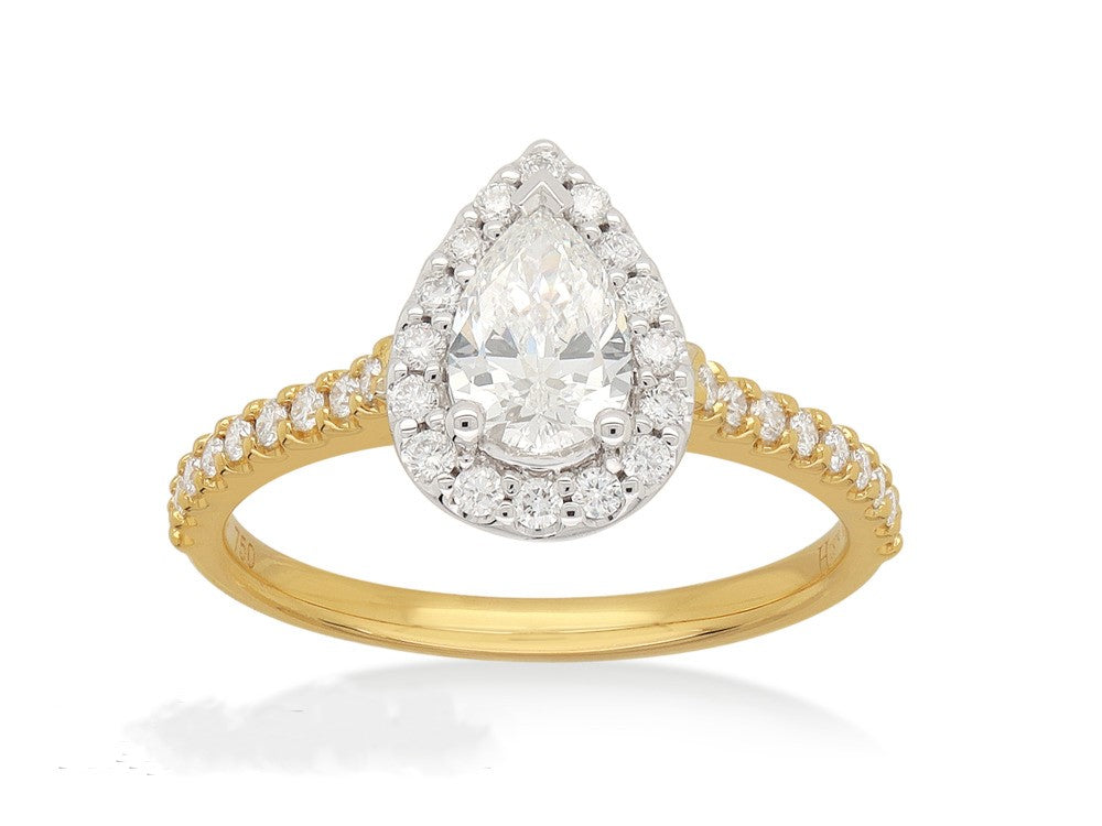 18ct Yellow and White gold Pear cut Diamond halo and shoulder ring, 0.50 carat centre