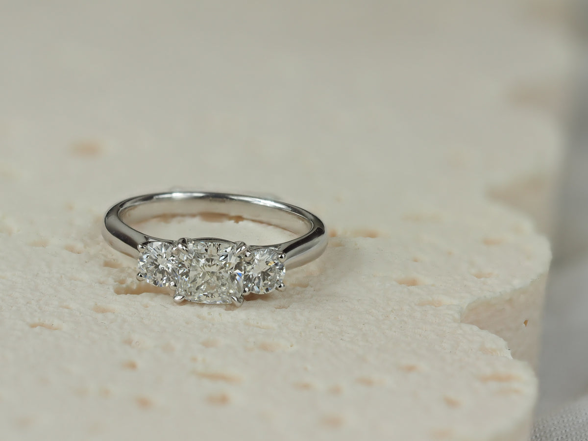 18ct White Gold Lab-Grown Cushion and Round Trilogy Diamond Engagement Ring, 1.02ct Centre