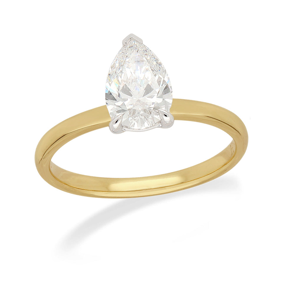 18ct Yellow and White Gold Lab Grown Pear cut Diamond engagement ring, 1ct centre