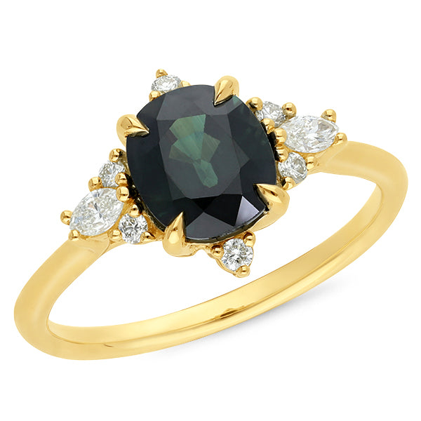 9ct Yellow Gold 2.21 carat Sapphire & 0.19ct Diamond Ring.