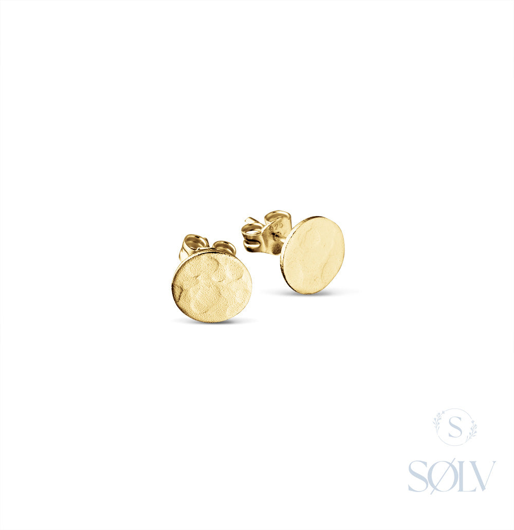 Solv Sterling Silver Gold Plated Hammered Circle Stud Earrings