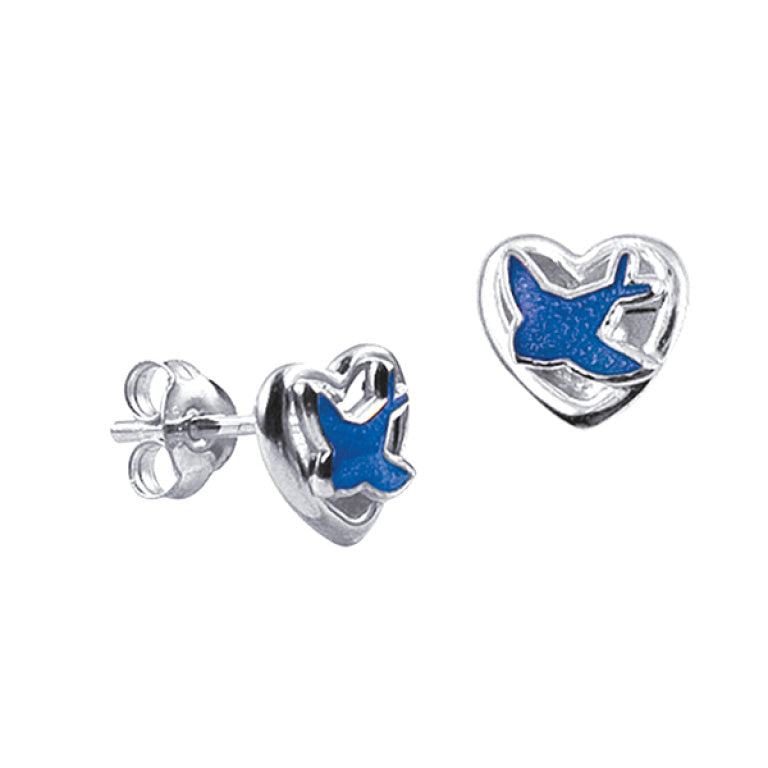 Sterling Silver Enamel Blue Bird Stud Earrings