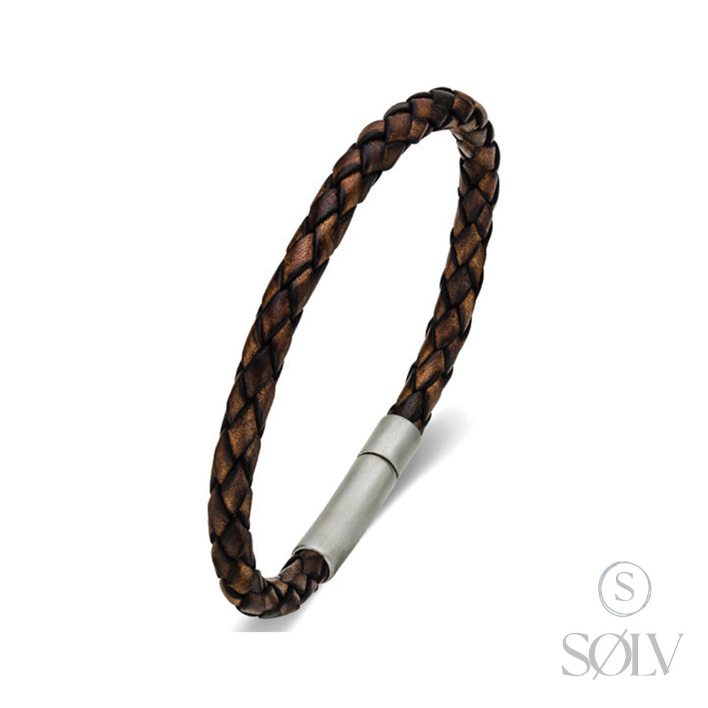 Solv Stainless Steel Brown Leather Bracelet, 21cm