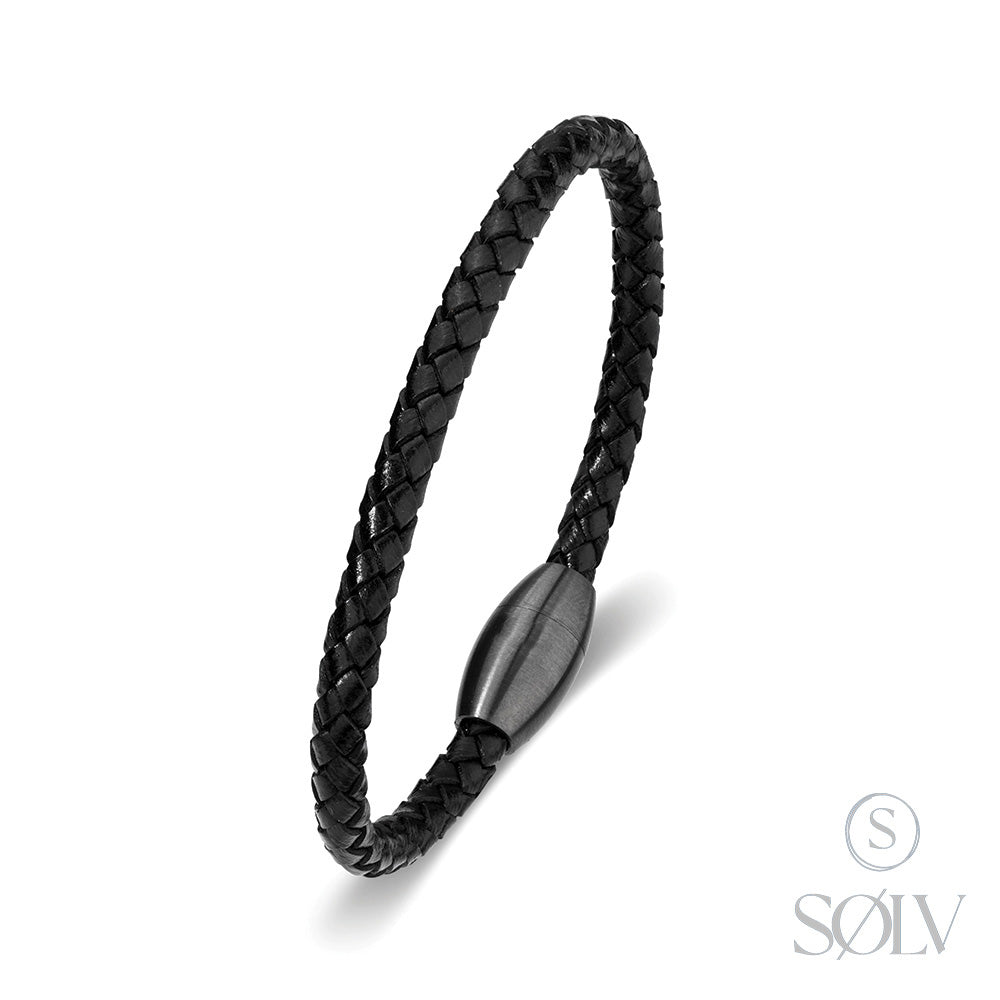 Solv Black Leather Bracelet with Gun Metal Grey Magnetic Clasp, 21cm