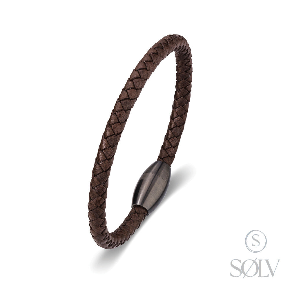 Solv Brown Leather Bracelet with Stainless Steel Gunmetal Grey Magnetic Clasp, 21cm