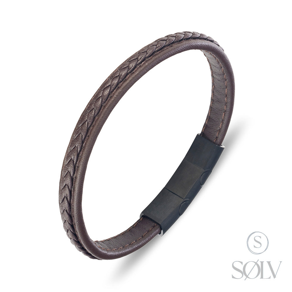 Solv Brown Leather Bracelet with Stainless Steel Clasp, 21cm