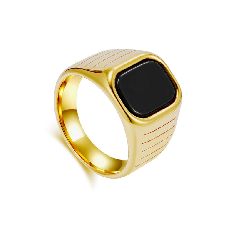 Solv Stainless Steel Yellow Gold Plated Onyx Ring
