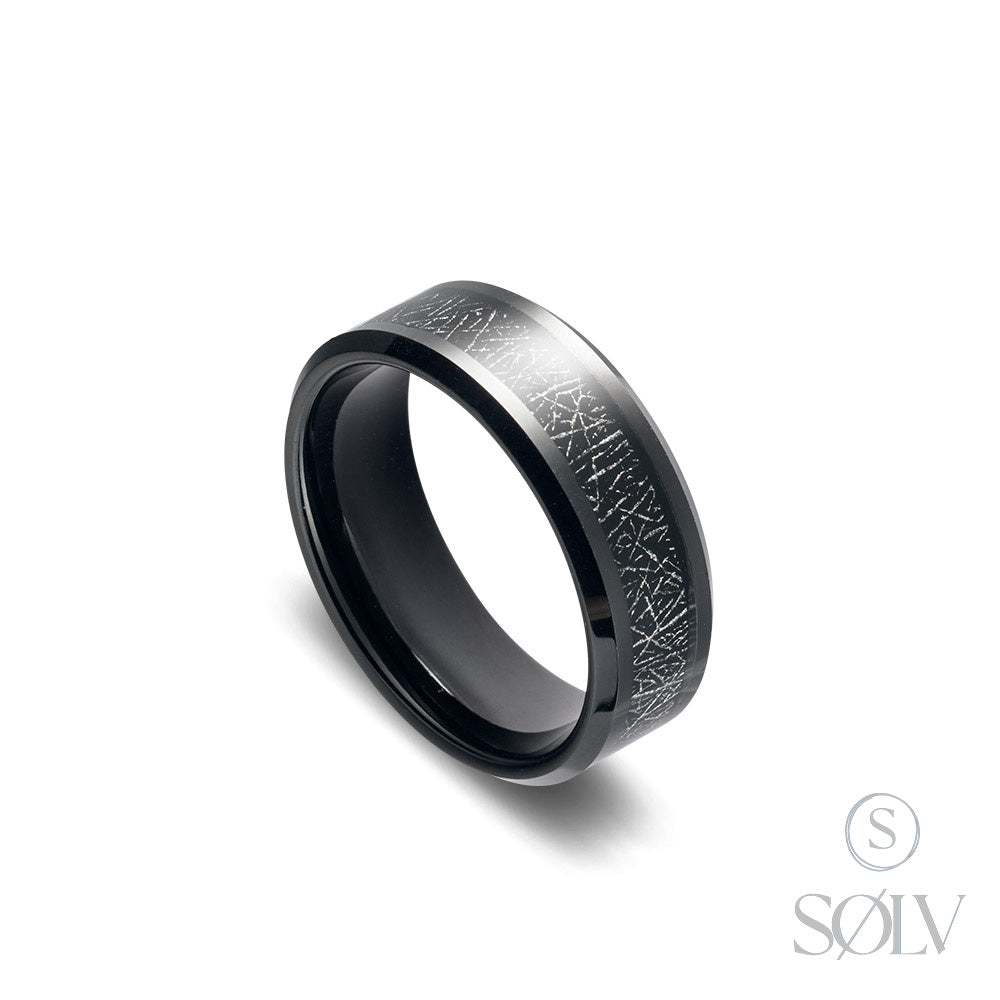 Solv Tungsten Black Plated Meteorite Inlay Ring, Size 11