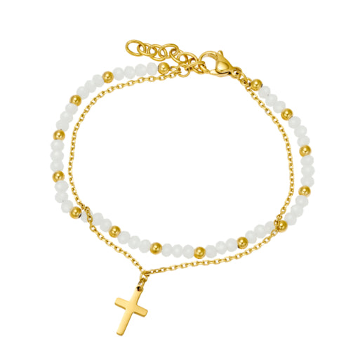 Solv Stainless Steel Gold Plated Rosary Cross Bracelet