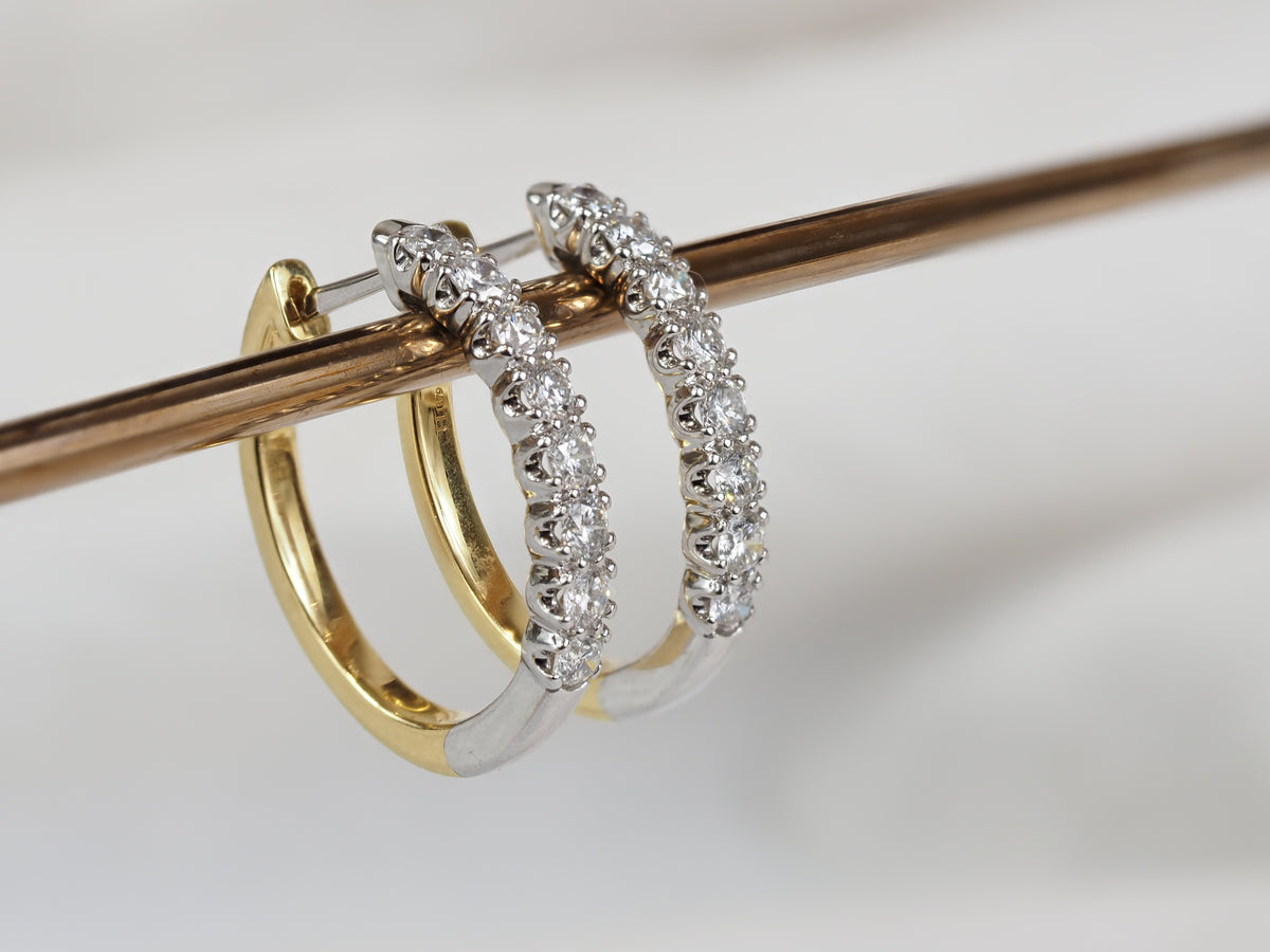 18ct Yellow and White Gold Diamond Oval Huggie Earrings, 1ct Total