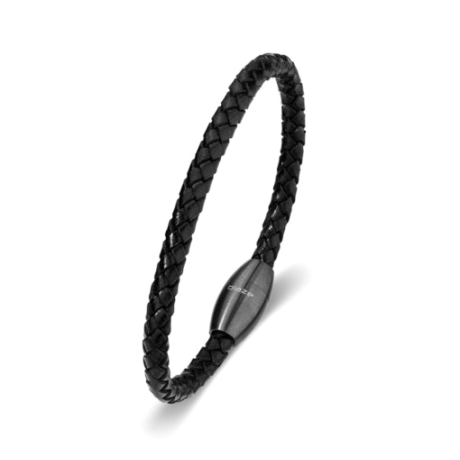 Stainless Steel Black Leather Bracelet, 21cm