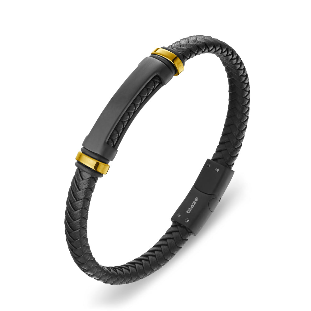 Solv Gold-Plated Stainless Steel and Black Leather ID Bracelet