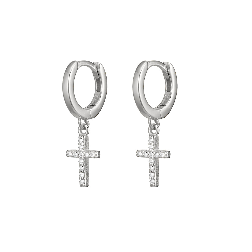 Solv Sterling Silver CZ Cross Huggie Earrings