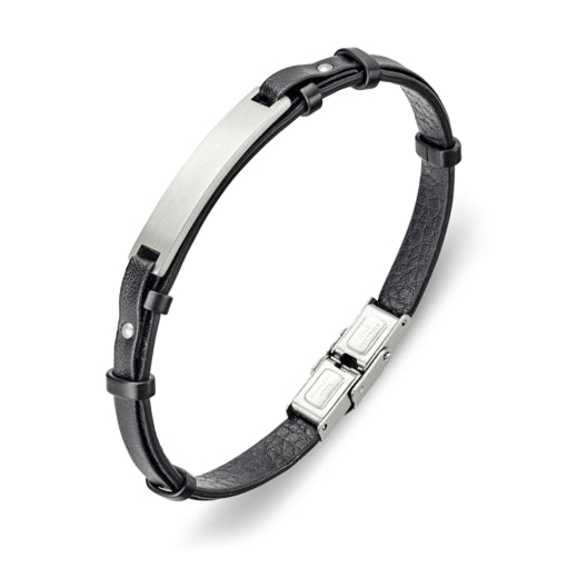 Stainless Steel Black Leather Bracelet with ID Plate, 20cm