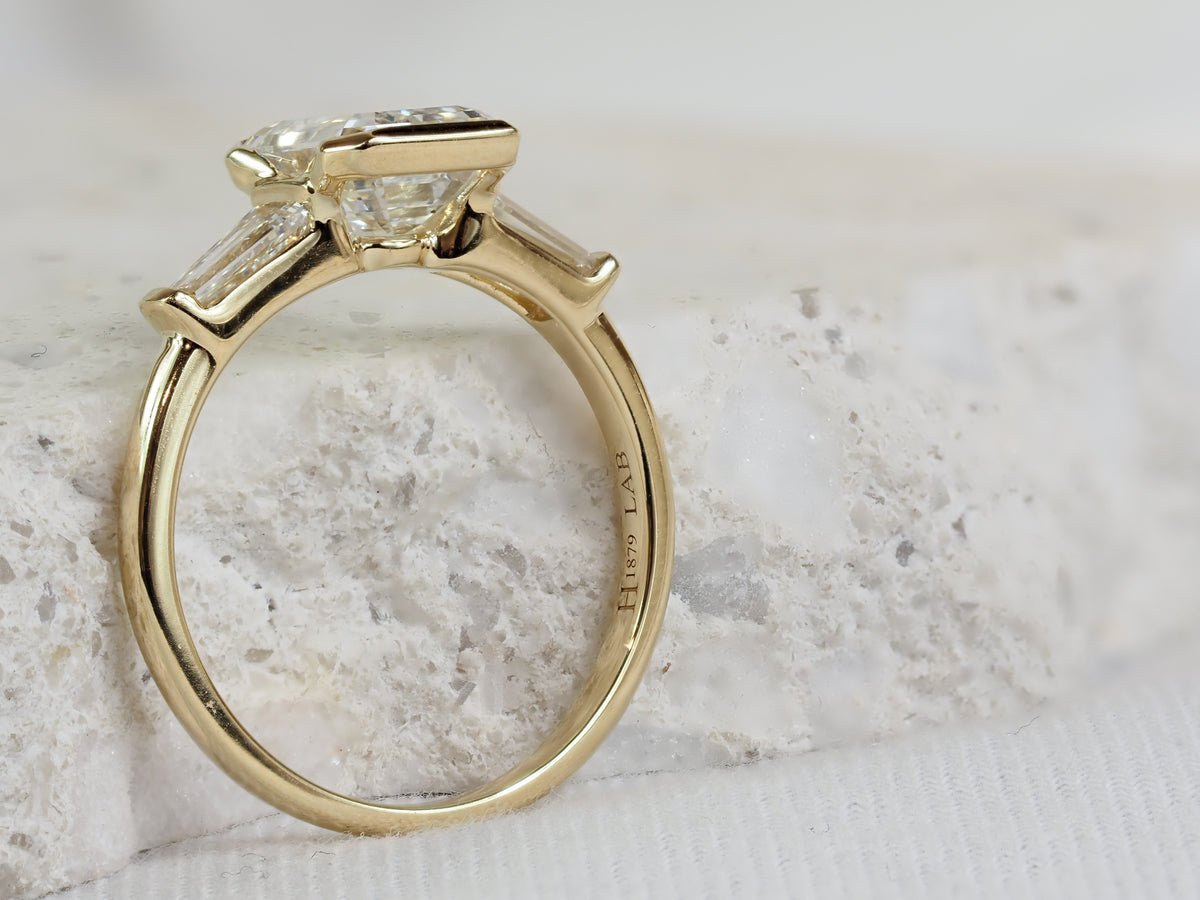 14ct Yellow Gold Emerald and Baguette Lab-Grown Diamond Ring, 2.06ct Centre