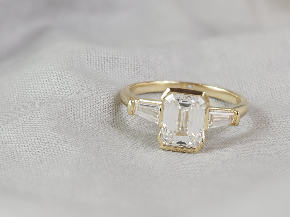 14ct Yellow Gold Emerald and Baguette Lab-Grown Diamond Ring, 2.06ct Centre