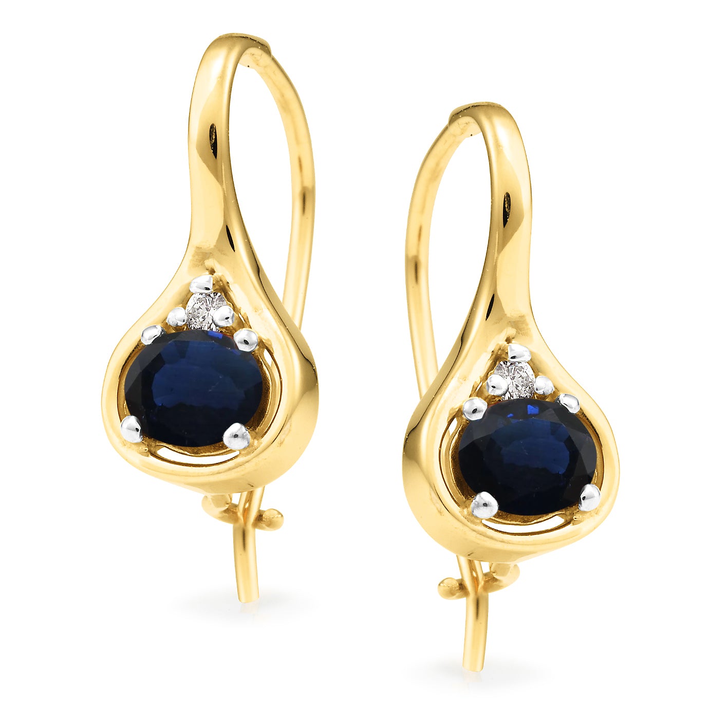 9 Carat Yellow Gold Sapphire and Diamond Shepherd Hook Earrings