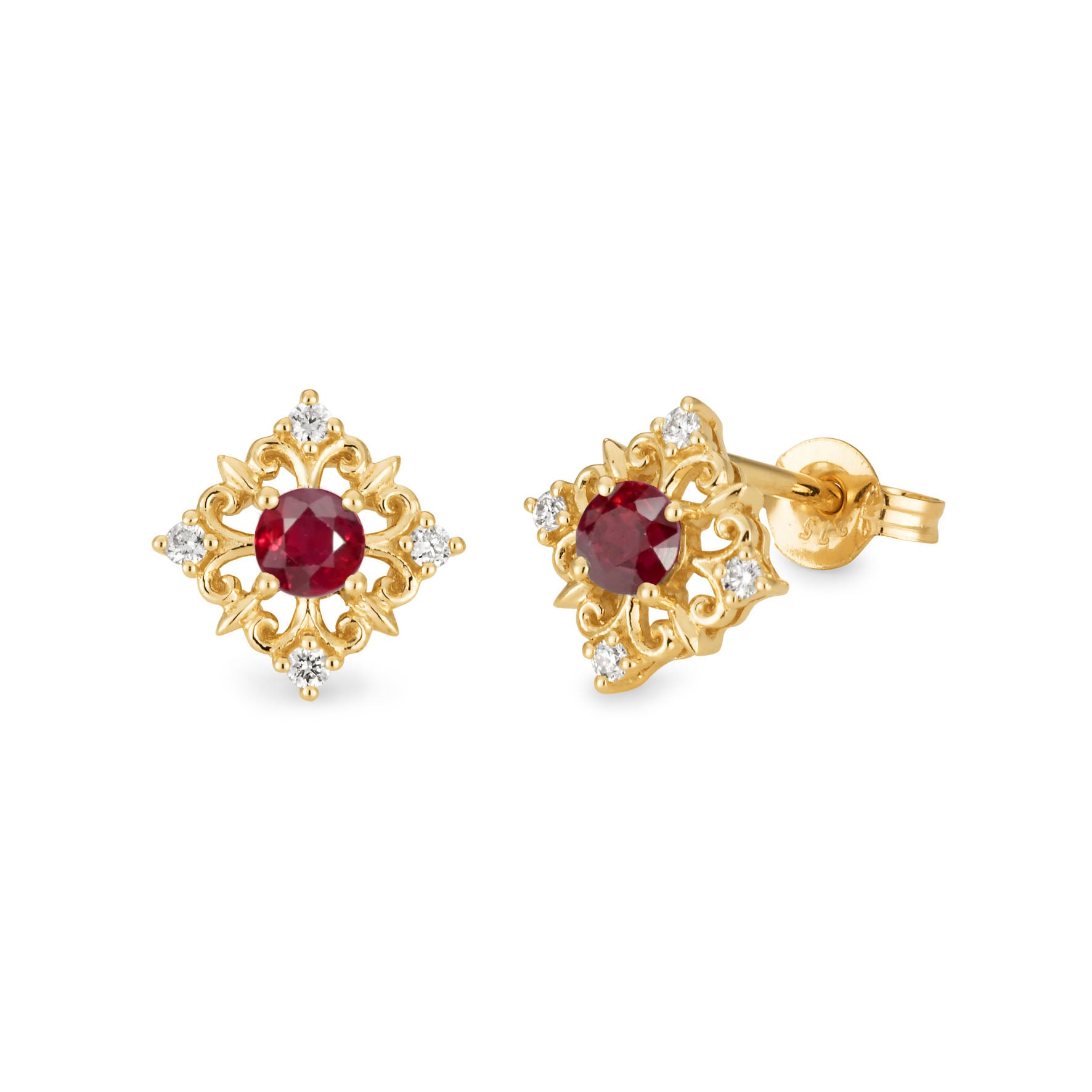 9ct Yellow Gold Ruby and Diamond Stud Earrings