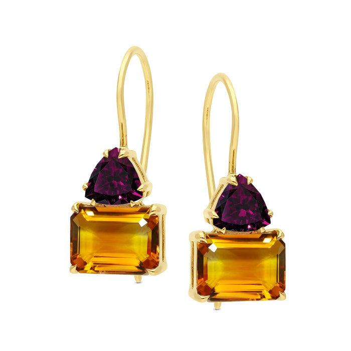 9ct Yellow Gold Citrine and Rhodolite Garnet Shepard Hook Earrings