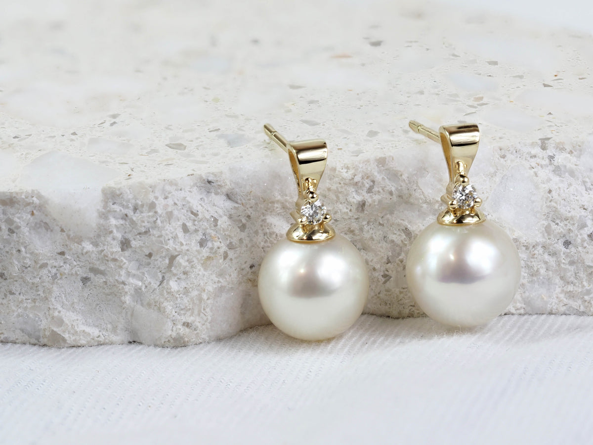 9ct Yellow Gold Diamond and South Sea Pearl Stud Earrings
