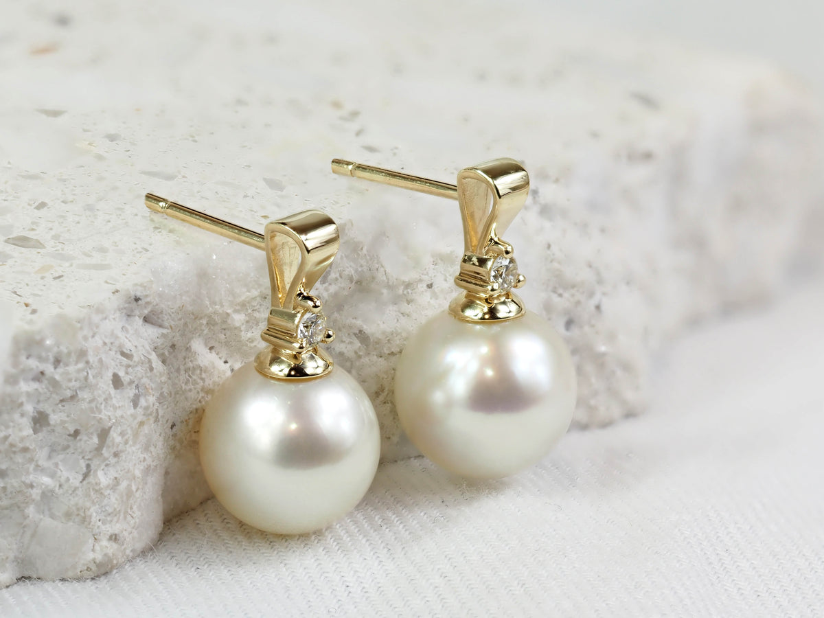 9ct Yellow Gold Diamond and South Sea Pearl Stud Earrings