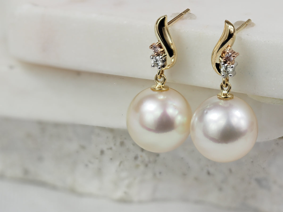 9ct Yellow, Rose and White Gold Pink Diamond and South Sea Pearl Stud Drop Earrings