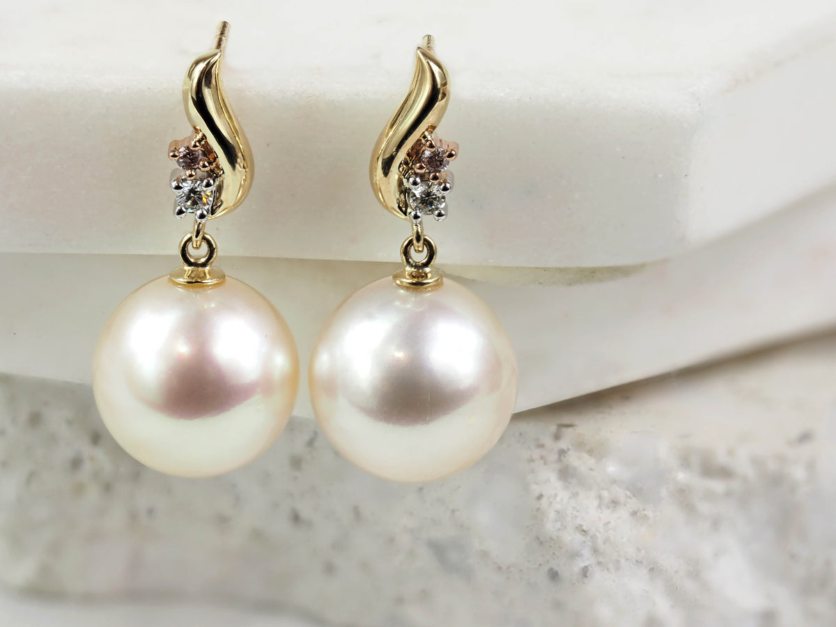 9ct Yellow, Rose and White Gold Pink Diamond and South Sea Pearl Stud Drop Earrings