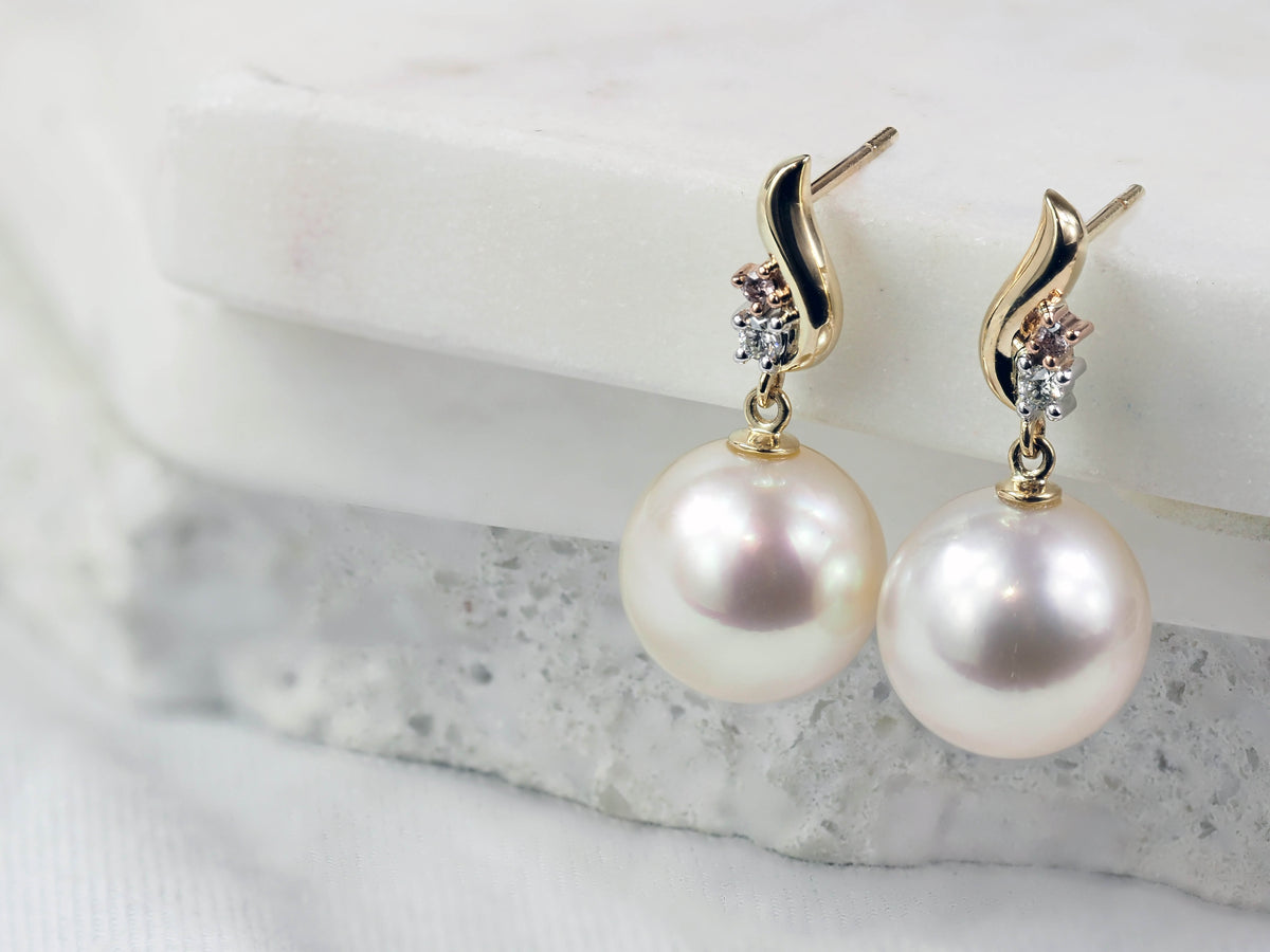 9ct Yellow, Rose and White Gold Pink Diamond and South Sea Pearl Stud Drop Earrings