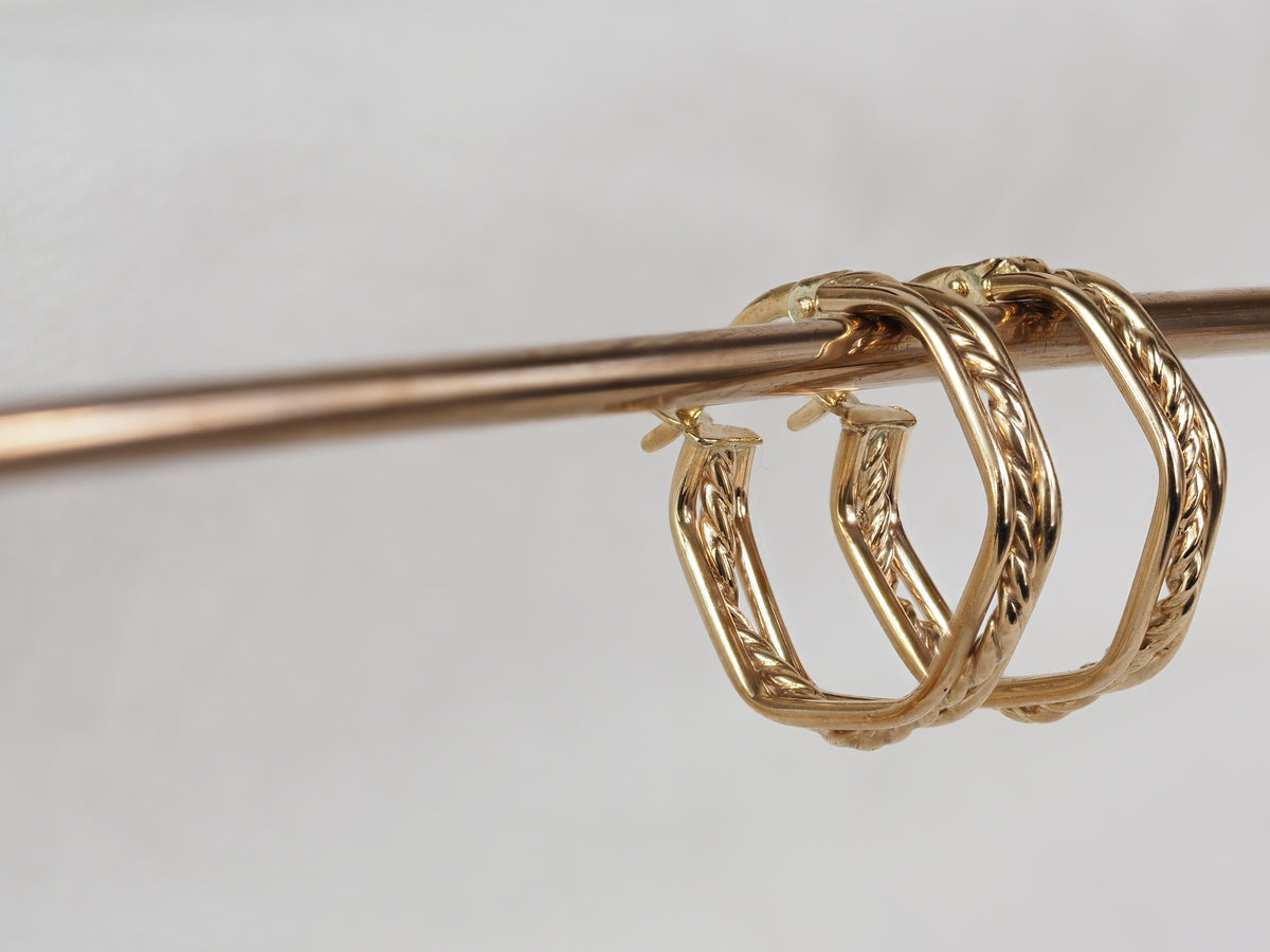 9ct Yellow Gold Triple Wire Hexagon Hoop Earrings