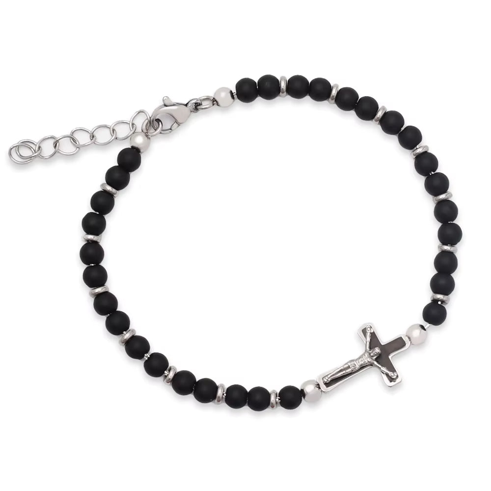 Solv Stainless Steel Black Agate and Cross Bracelet