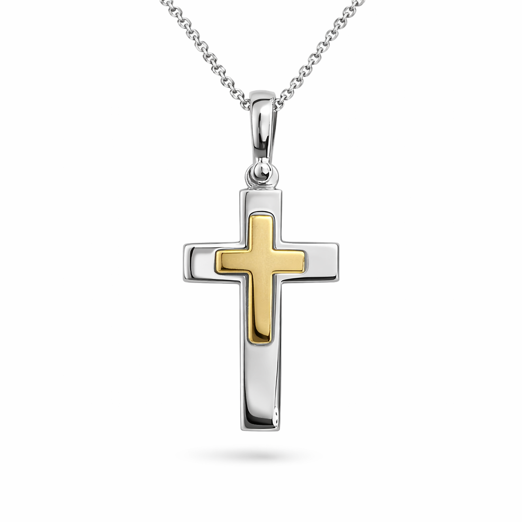9ct Yellow and White Gold Double Cross Pendant, 35mm