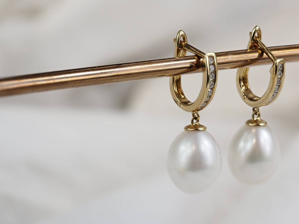 9ct Yellow Gold Fresh Water Pearl and Diamond Huggie Earrings