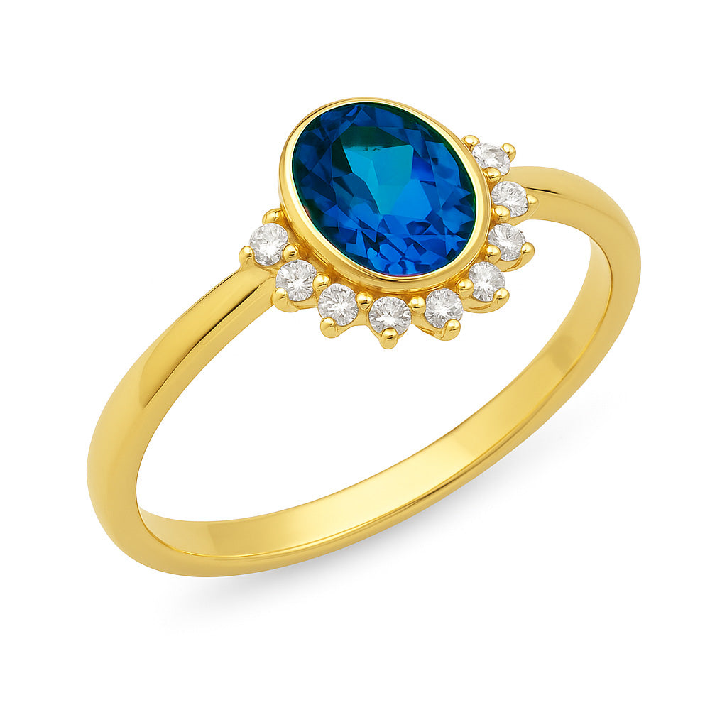 9ct Yellow Gold London Blue Topaz and Diamond ring