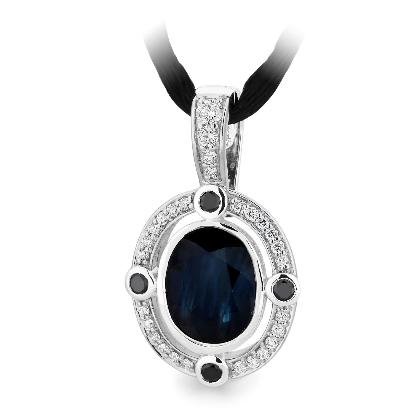 9ct White Gold Sapphire, Diamond and Black Diamond pendant