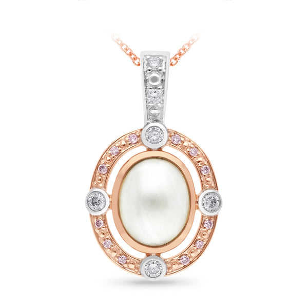 9ct White & Rose 'Pink Caviar' Argyle Diamond & Mabe Pearl enhancer, 0.24cts total.