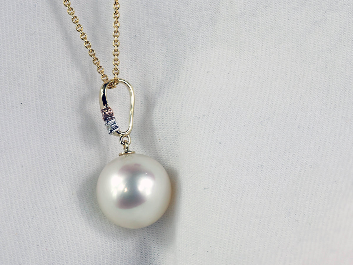 9ct Yellow, Rose and White Gold Pink Diamond and South Sea Pearl Drop Pendant