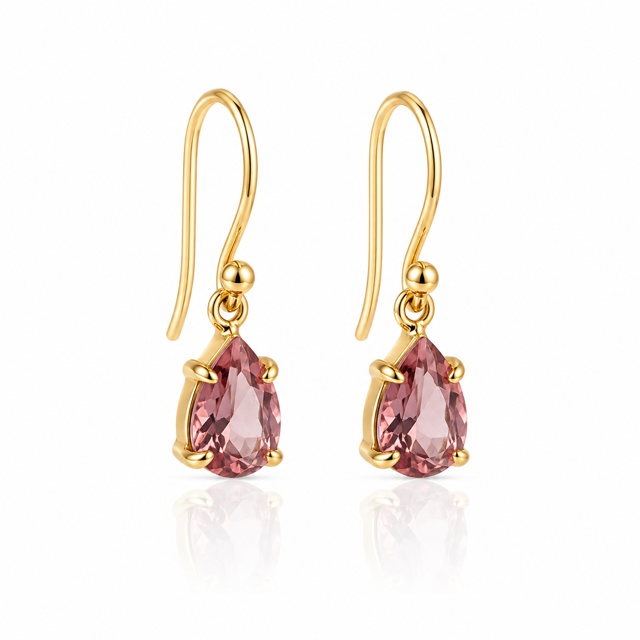 9ct Yellow Gold Pink Tourmaline Shepard Hook Earrings