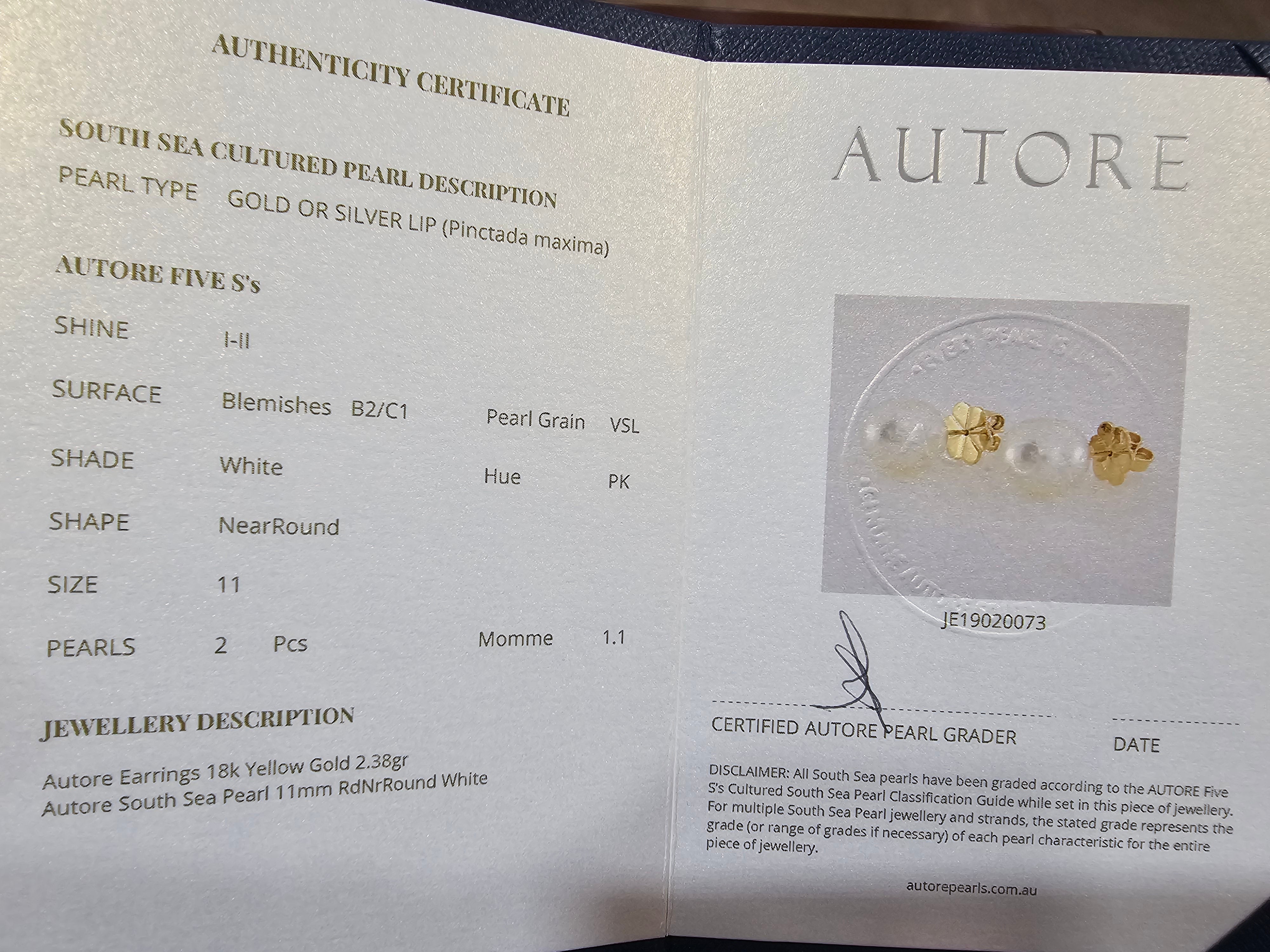 Autore 18ct Yellow Gold South Sea Pearl Stud Earrings, 11mm
