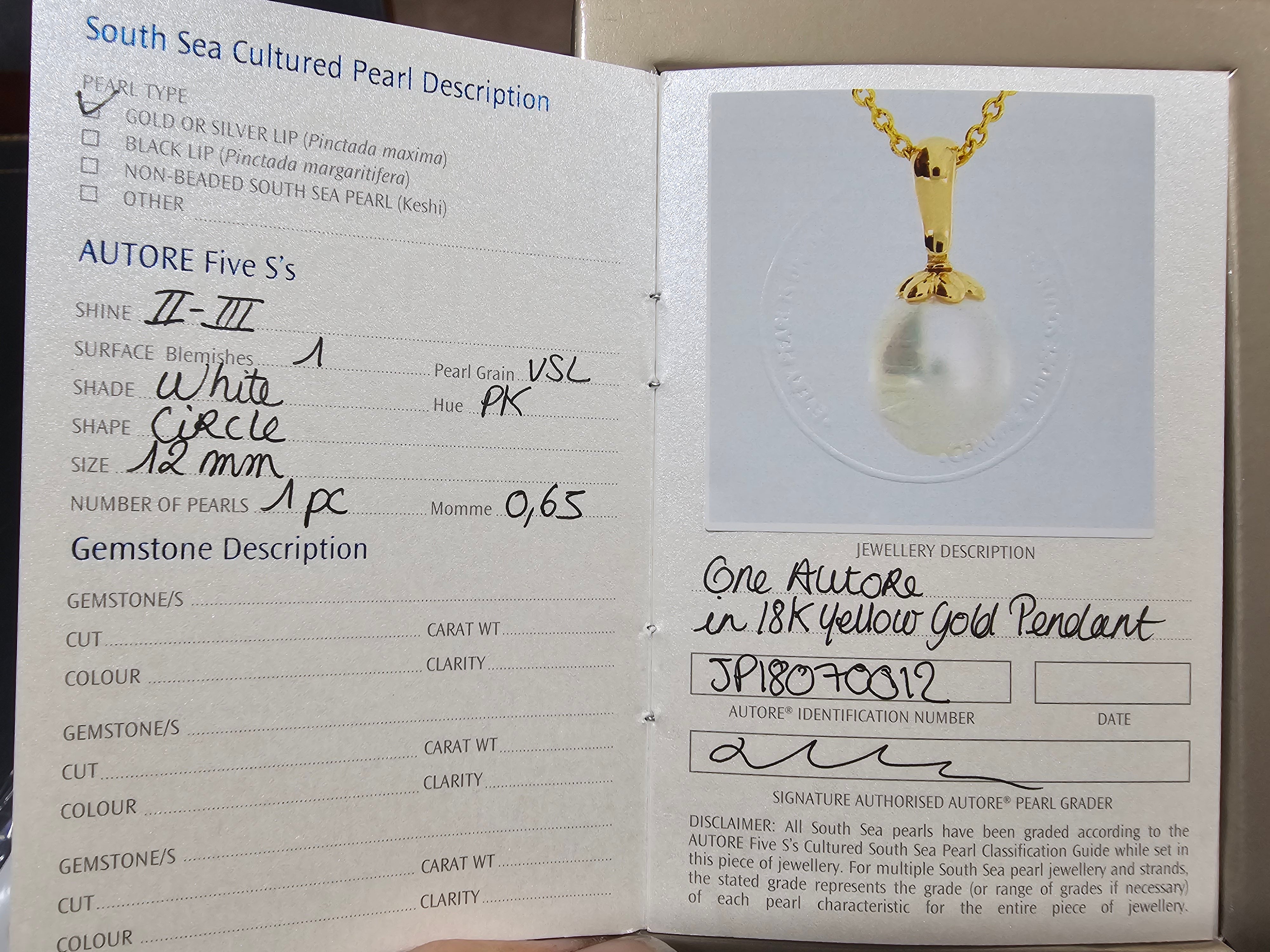 Autore 18ct Yellow Gold South Sea Pearl Pendant, 12mm