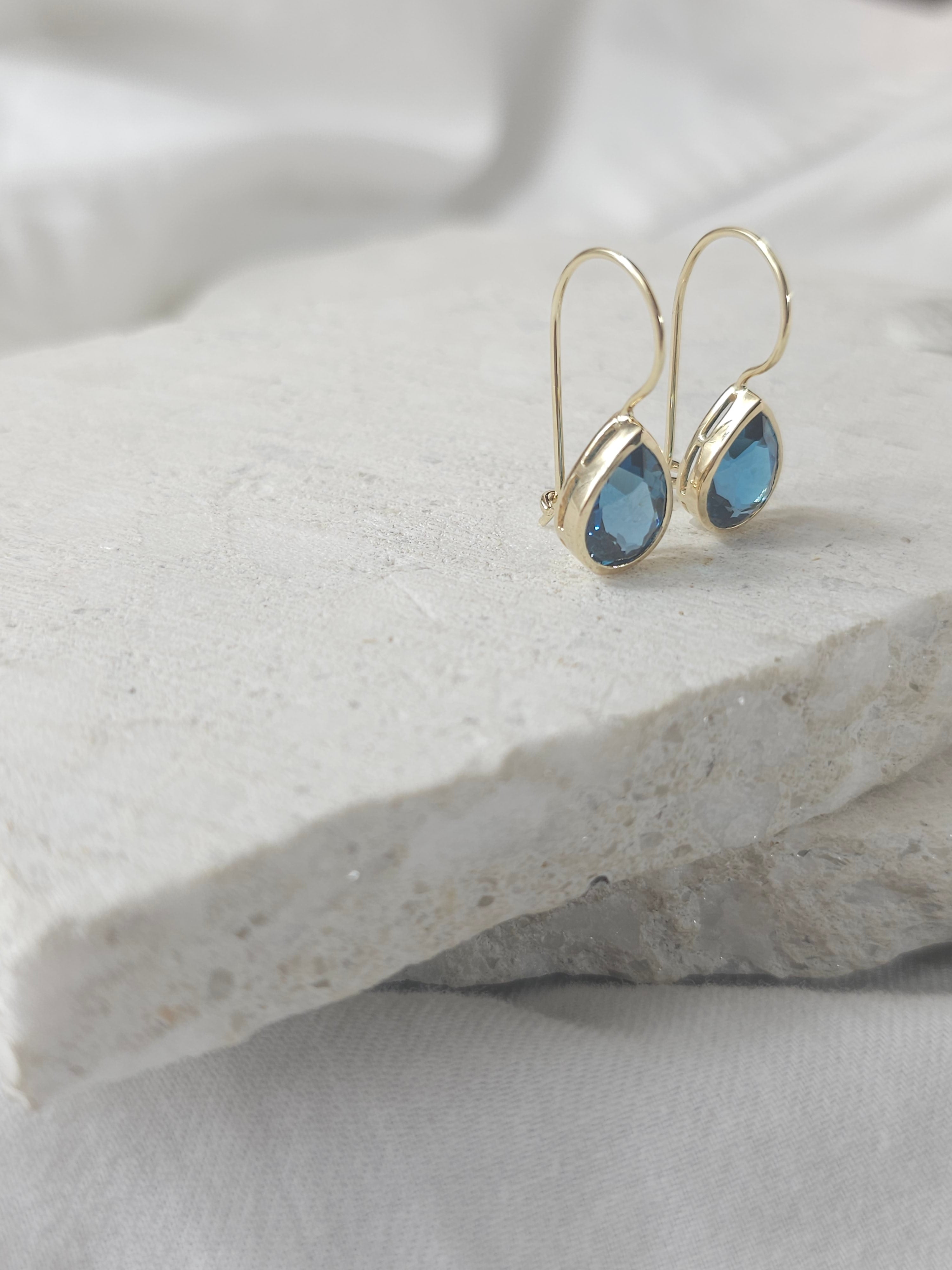 9ct Yellow Gold London Blue Topaz Shepard hook earrings