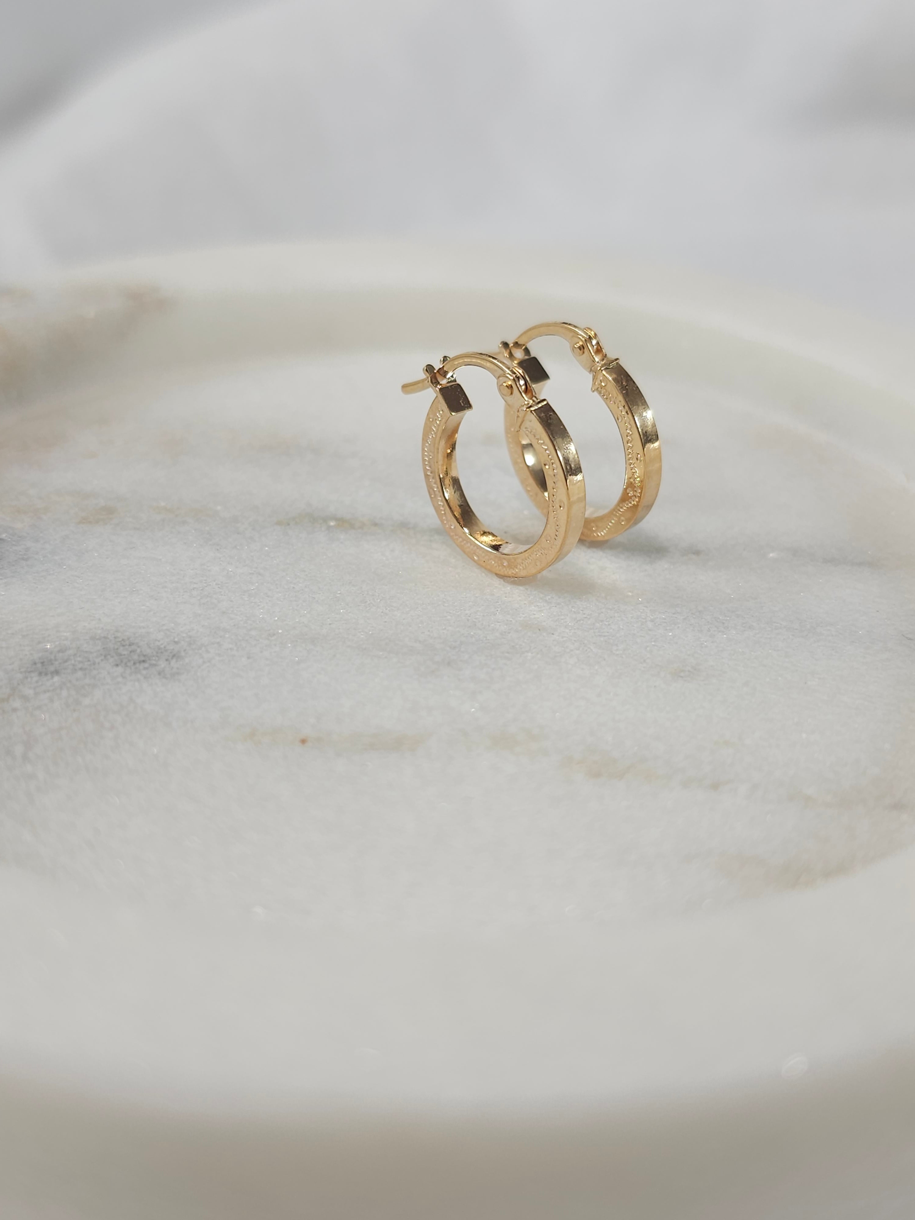 9ct Yellow Gold 10mm Square Tube Engraved Hoop Earrings